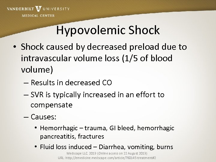 Hypovolemic Shock • Shock caused by decreased preload due to intravascular volume loss (1/5