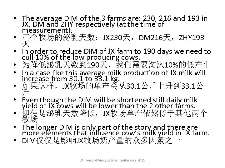  • The average DIM of the 3 farms are: 230, 216 and 193