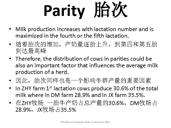 Parity 胎次 • Milk production increases with lactation number and is maximized in the