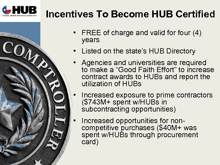 Incentives To Become HUB Certified • FREE of charge and valid for four (4)