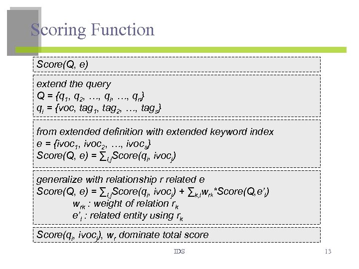 Scoring Function Score(Q, e) extend the query Q = {q 1, q 2, …,