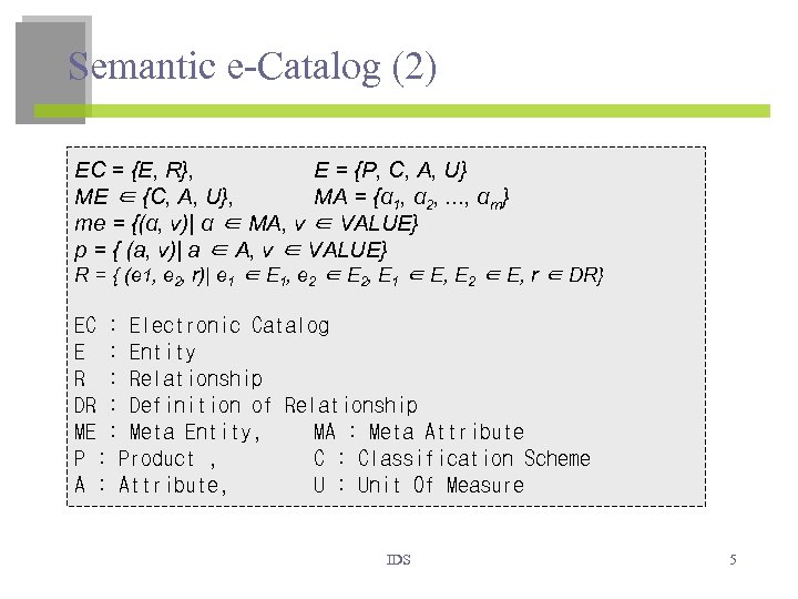 Semantic e-Catalog (2) EC = {E, R}, E = {P, C, A, U} ME