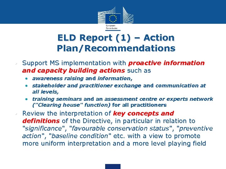 ELD Report (1) – Action Plan/Recommendations • Support MS implementation with proactive information and