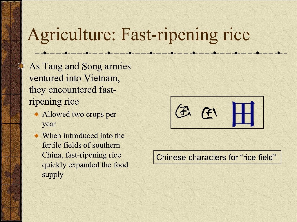 Agriculture: Fast-ripening rice As Tang and Song armies ventured into Vietnam, they encountered fastripening