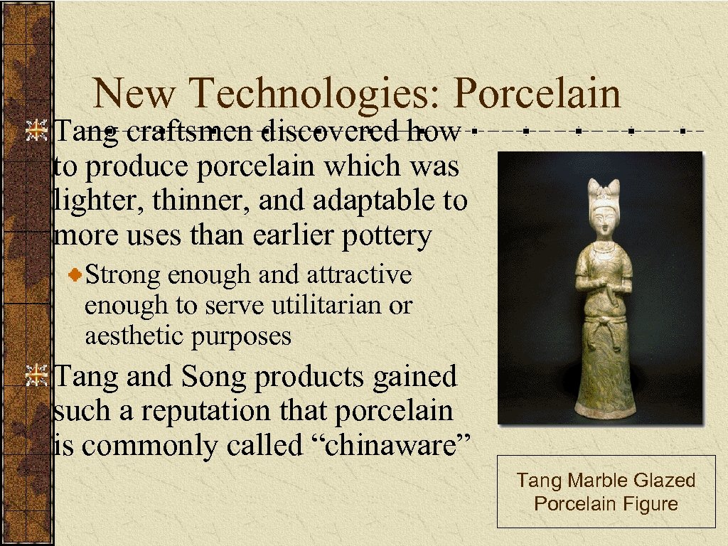 New Technologies: Porcelain Tang craftsmen discovered how to produce porcelain which was lighter, thinner,