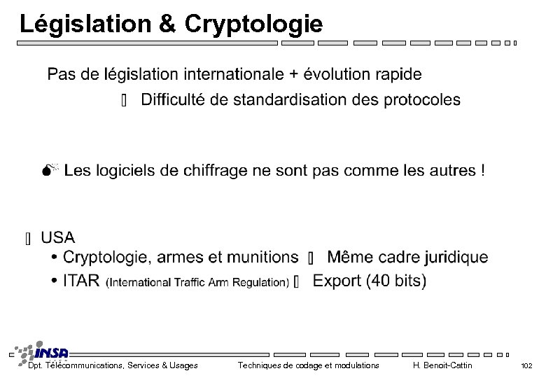 Législation & Cryptologie Dpt. Télécommunications, Services & Usages Techniques de codage et modulations H.