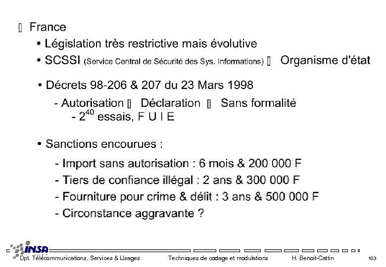 Dpt. Télécommunications, Services & Usages Techniques de codage et modulations H. Benoit-Cattin 103 