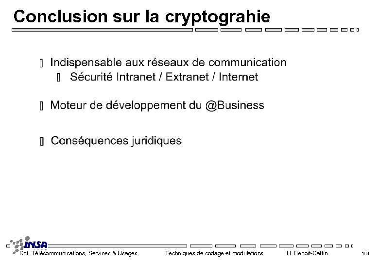 Conclusion sur la cryptograhie Dpt. Télécommunications, Services & Usages Techniques de codage et modulations
