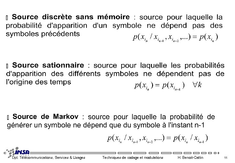 Dpt. Télécommunications, Services & Usages Techniques de codage et modulations H. Benoit-Cattin 11 