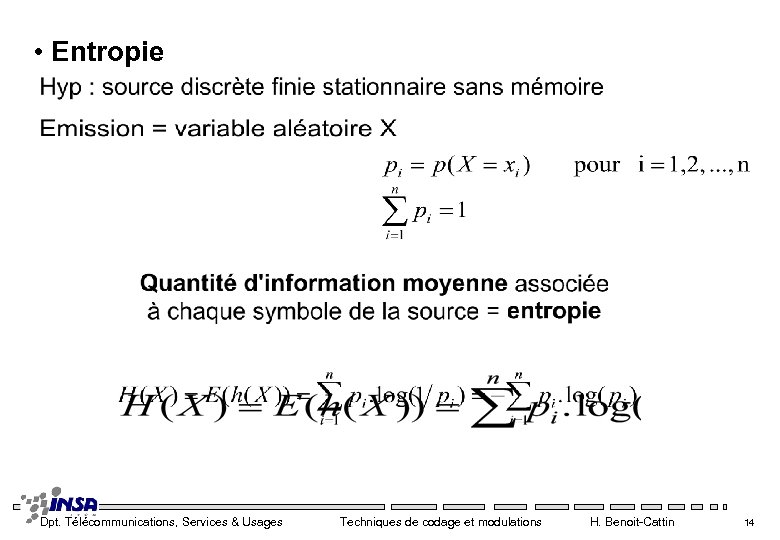  • Entropie Dpt. Télécommunications, Services & Usages Techniques de codage et modulations H.