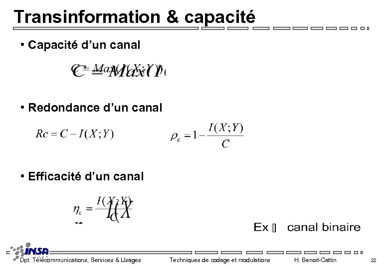 Transinformation & capacité • Capacité d’un canal • Redondance d’un canal • Efficacité d’un