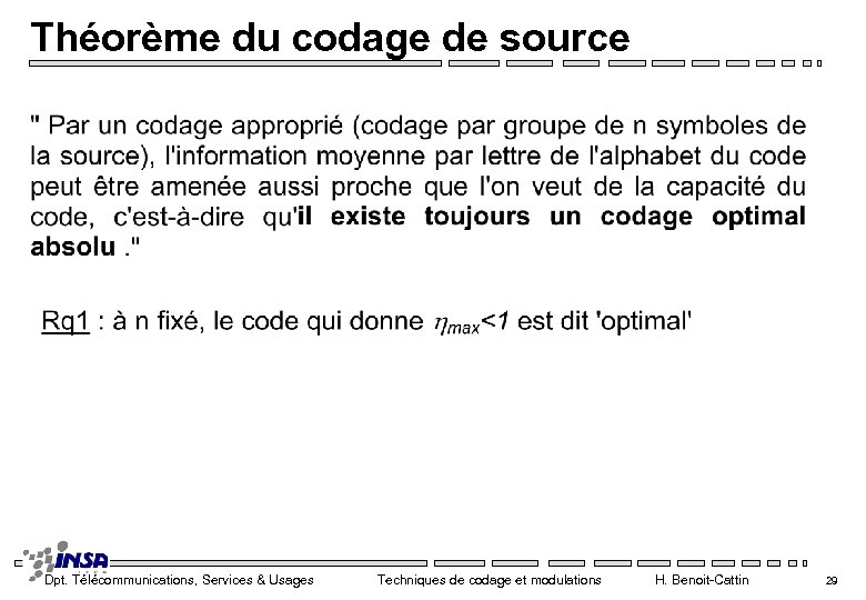 Théorème du codage de source Dpt. Télécommunications, Services & Usages Techniques de codage et