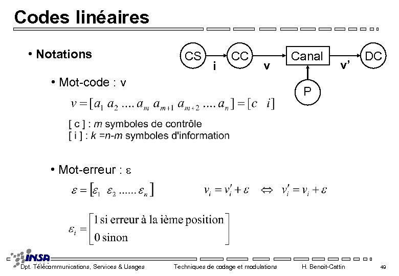 Codes linéaires • Notations CS i CC v • Mot-code : v Canal v’