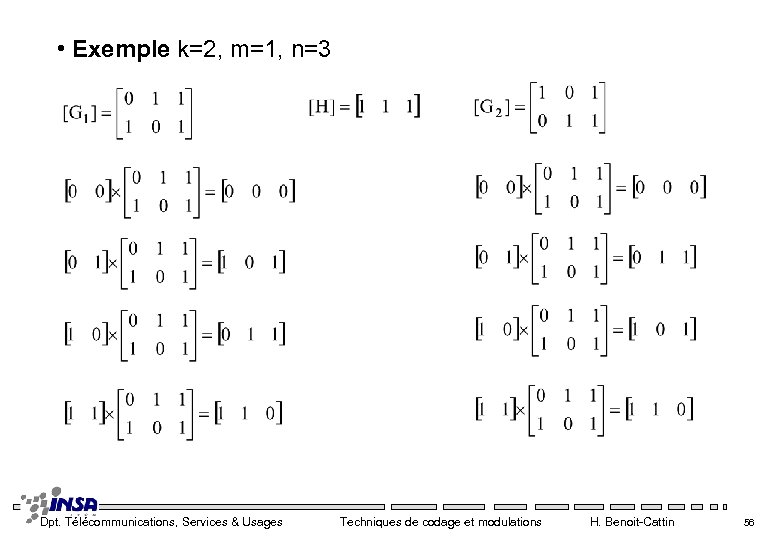  • Exemple k=2, m=1, n=3 Dpt. Télécommunications, Services & Usages Techniques de codage