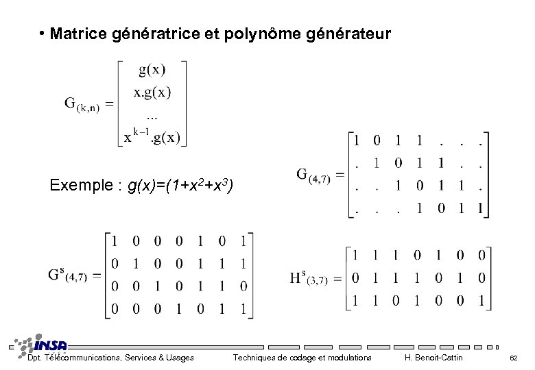  • Matrice génératrice et polynôme générateur Exemple : g(x)=(1+x 2+x 3) Dpt. Télécommunications,