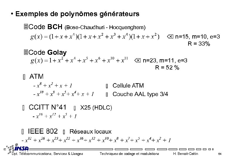  • Exemples de polynômes générateurs 3 Code BCH (Bose-Chaudhuri - Hocquenghem) n=15, m=10,