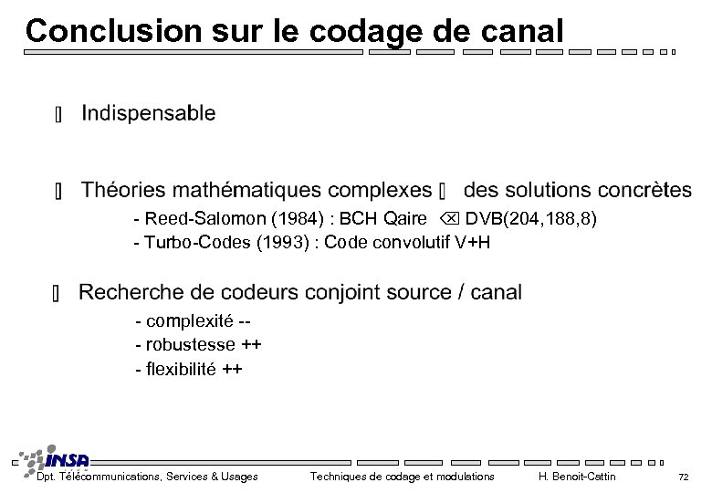 Conclusion sur le codage de canal - Reed-Salomon (1984) : BCH Qaire DVB(204, 188,