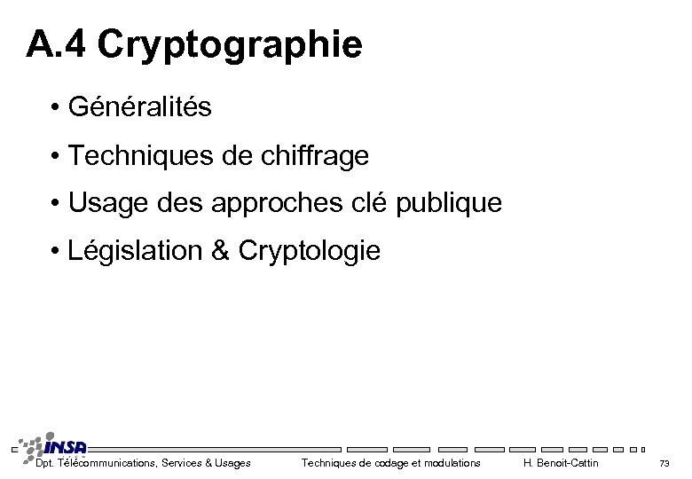 A. 4 Cryptographie • Généralités • Techniques de chiffrage • Usage des approches clé