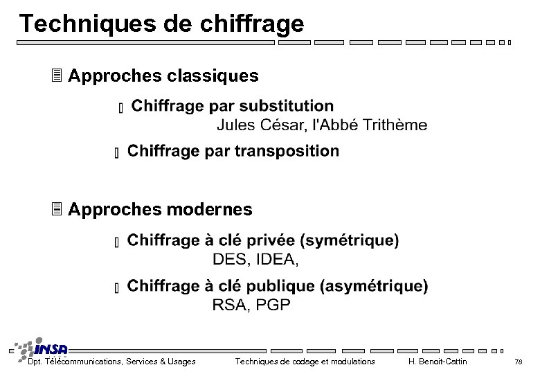 Techniques de chiffrage 3 Approches classiques 3 Approches modernes Dpt. Télécommunications, Services & Usages