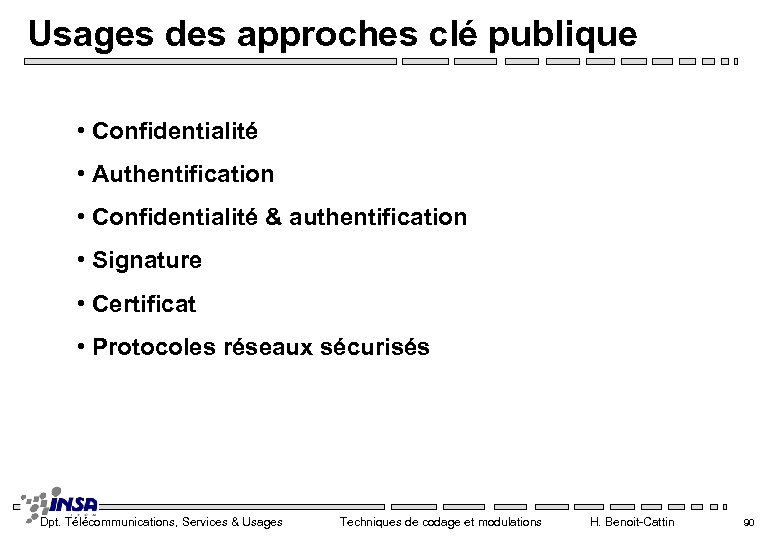 Usages des approches clé publique • Confidentialité • Authentification • Confidentialité & authentification •