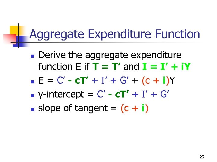 Aggregate Expenditure Function n n Derive the aggregate expenditure function E if T =