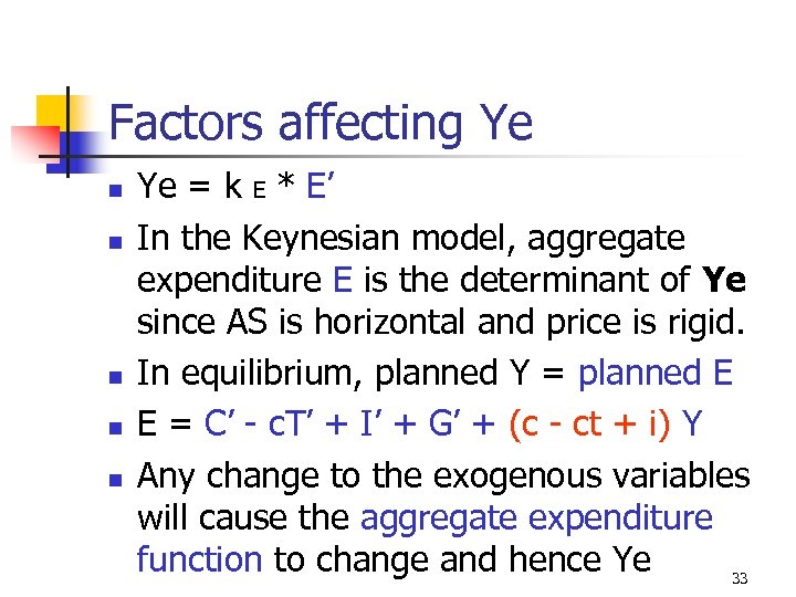 Factors affecting Ye n n n Ye = k E * E’ In the