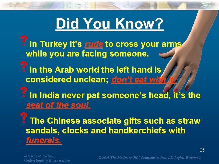 Did You Know? s. In Turkey it’s rude to cross your arms while you