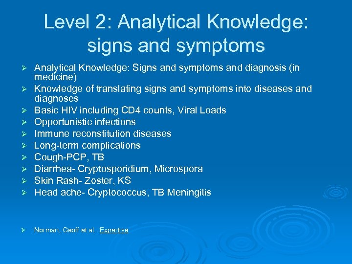 Level 2: Analytical Knowledge: signs and symptoms Ø Ø Ø Ø Analytical Knowledge: Signs