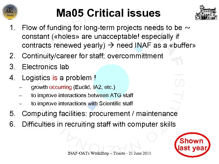 Ma 05 Critical issues 1. Flow of funding for long-term projects needs to be
