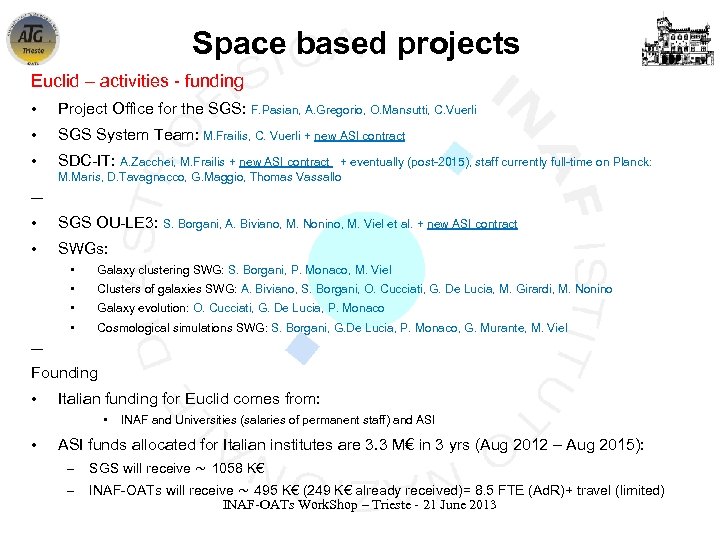 Space based projects Euclid – activities - funding • Project Office for the SGS:
