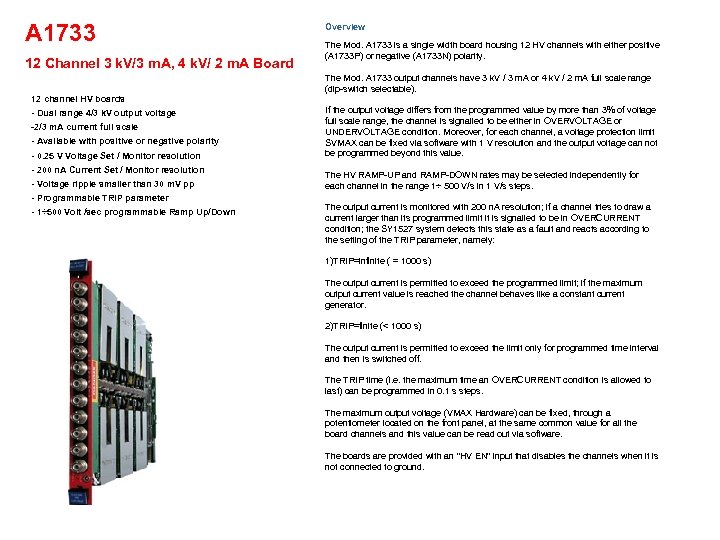 A 1733 Overview 12 Channel 3 k. V/3 m. A, 4 k. V/ 2