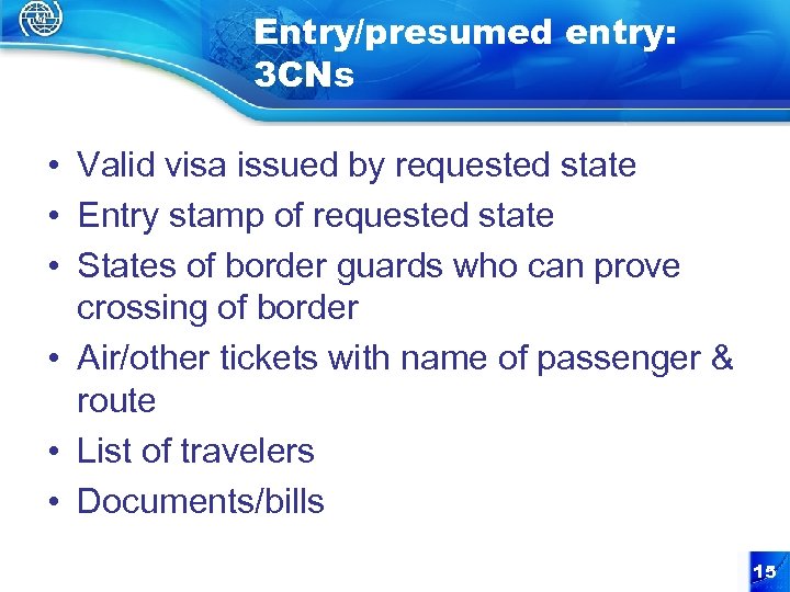 Entry/presumed entry: 3 CNs • Valid visa issued by requested state • Entry stamp