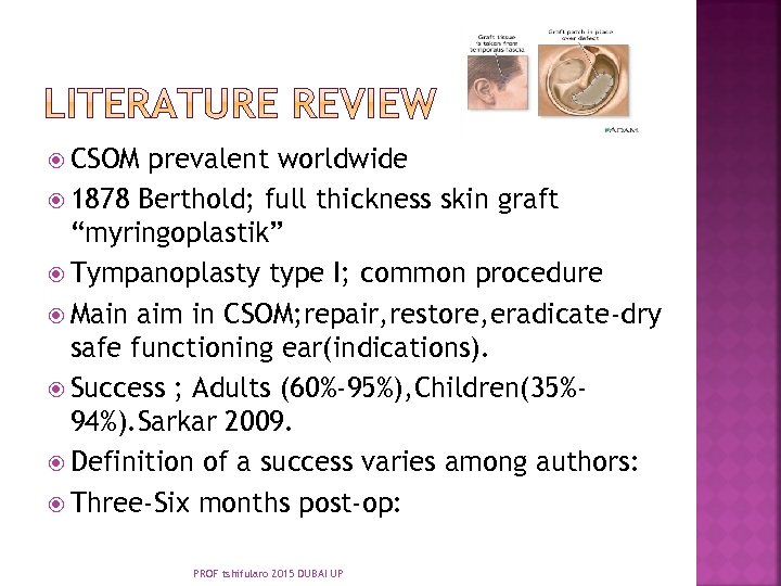  CSOM prevalent worldwide 1878 Berthold; full thickness skin graft “myringoplastik” Tympanoplasty type I;