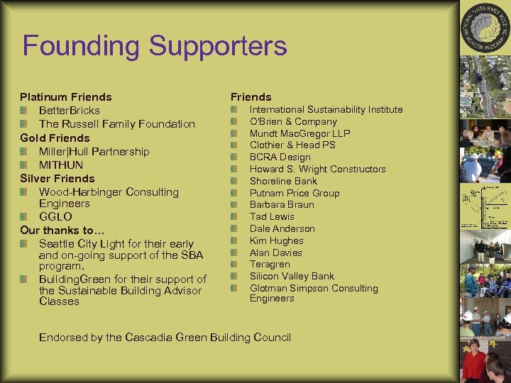 Founding Supporters Platinum Friends Better. Bricks The Russell Family Foundation Gold Friends Miller|Hull Partnership