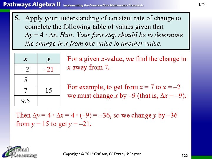 I#5 6. Apply your understanding of constant rate of change to complete the following