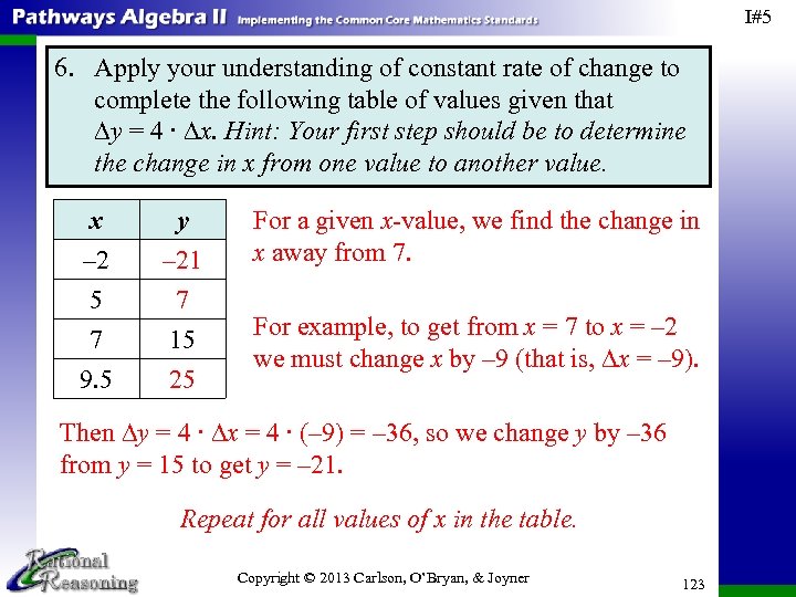 I#5 6. Apply your understanding of constant rate of change to complete the following