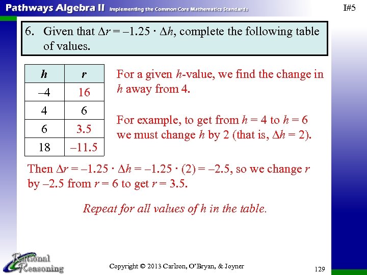 I#5 6. Given that ∆r = – 1. 25 ∙ ∆h, complete the following