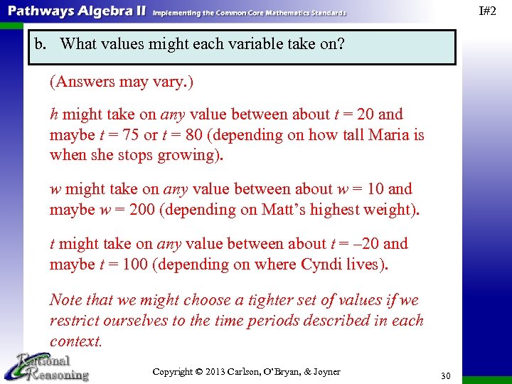 I#2 b. What values might each variable take on? (Answers may vary. ) h