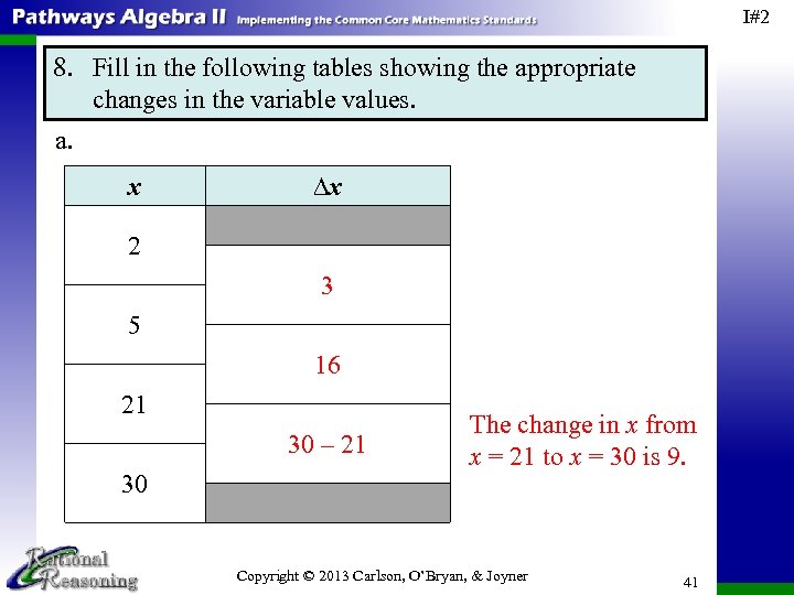 I#2 8. Fill in the following tables showing the appropriate changes in the variable