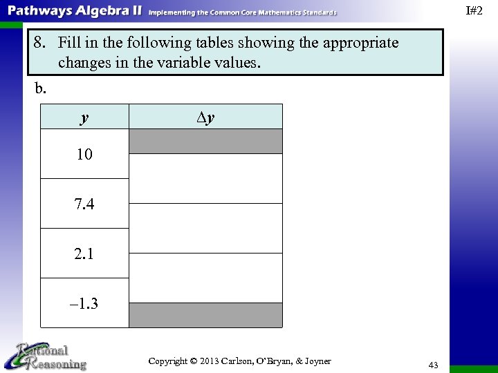 I#2 8. Fill in the following tables showing the appropriate changes in the variable