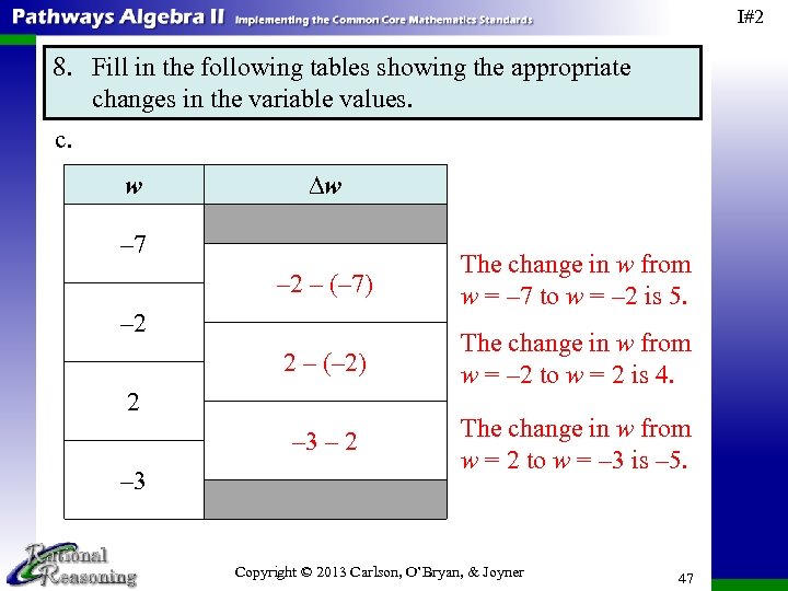 I#2 8. Fill in the following tables showing the appropriate changes in the variable