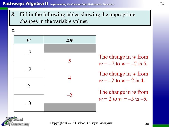 I#2 8. Fill in the following tables showing the appropriate changes in the variable