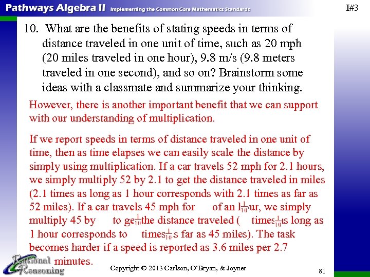 I#3 10. What are the benefits of stating speeds in terms of distance traveled