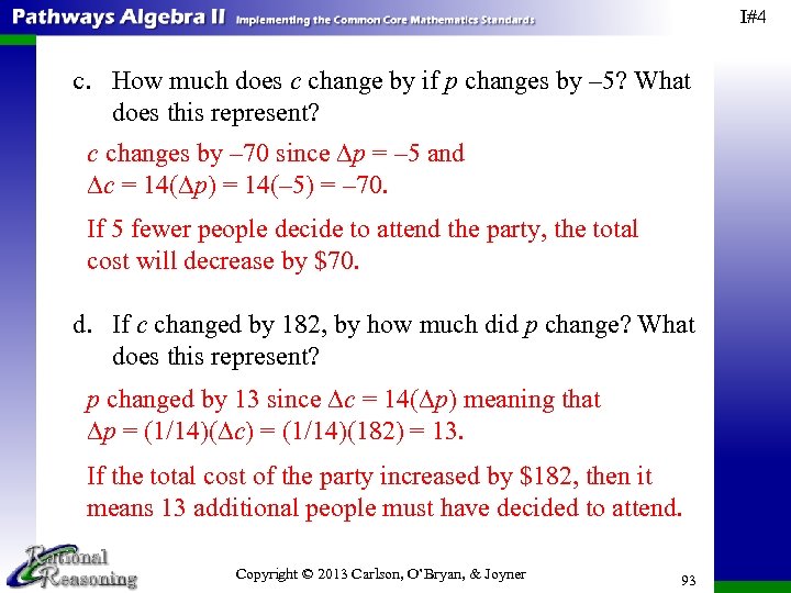 I#4 c. How much does c change by if p changes by – 5?