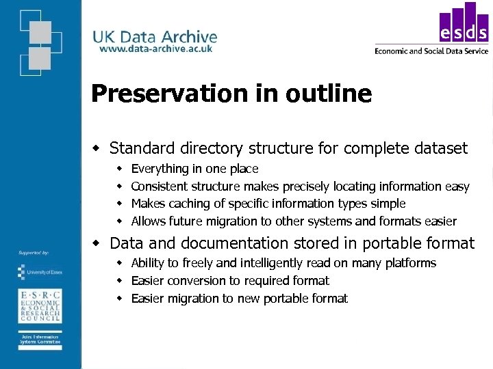 Preservation in outline w Standard directory structure for complete dataset w w Everything in