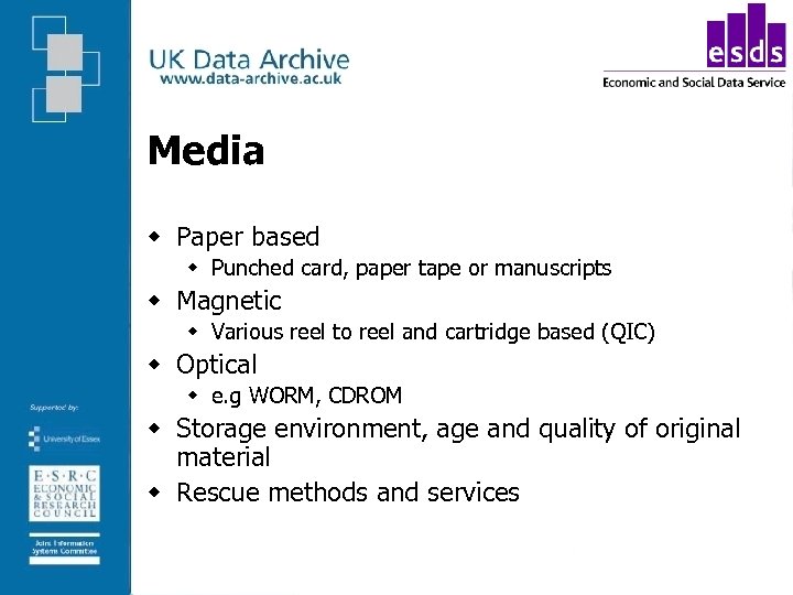 Media w Paper based w Punched card, paper tape or manuscripts w Magnetic w