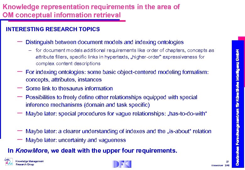 Knowledge representation requirements in the area of OM conceptual information retrieval INTERESTING RESEARCH TOPICS