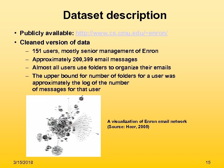 Dataset description • Publicly available: http: //www. cs. cmu. edu/~enron/ • Cleaned version of