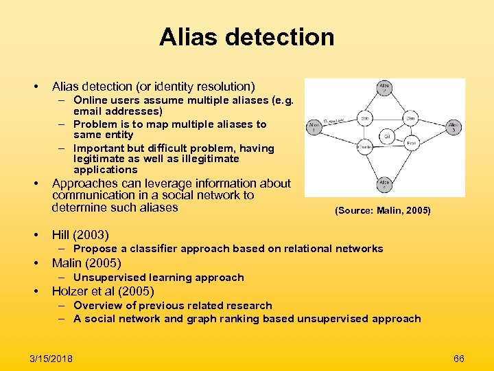 Alias detection • Alias detection (or identity resolution) – Online users assume multiple aliases