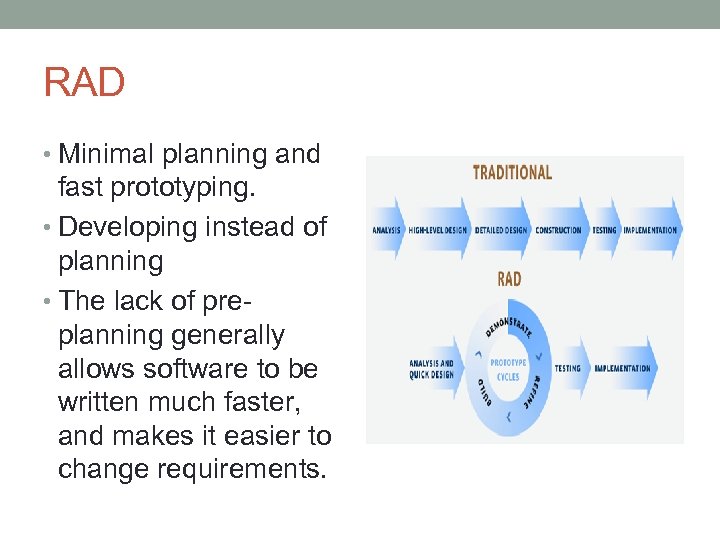 RAD • Minimal planning and fast prototyping. • Developing instead of planning • The